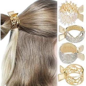 HINZIC 4 Styles Non-Slip High Ponytail Hair Clips Rhinestone Styling Claws Buns Holder Large Glittering Crystal Banana Pins Accessories for Women Girls Thick Long Hair, Set of 2
