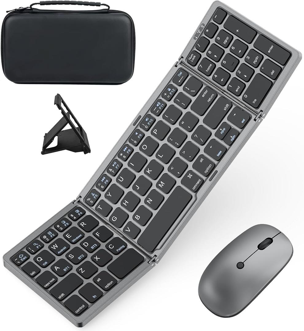 Foldable Keyboard and Mouse for Laptop, Travel Bluetooth Folding Keyboard Mouse with Portable Case, Rechargeable Keyboard for Business, 2.4G Wireless & Bluetooth, for iPad Tablets Laptop iOS Android (Space Grey)