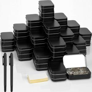 meekoo 162 Pcs Metal Tins Empty Rectangular Storage Container Kit Includes 80 Hinged Tin Box 3.7 x 2.4 x 0.8 Inch Craft Organizers Metal Boxes With Lid 80 Adhesive Tags 2 Black Paint Pens (Black)