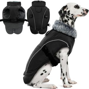 DENTRUN Winter Warm Dog Coat Reflective Jacket with Turtleneck for Cold Weather, Adjustable Buckle Windproof Water Repellent, Thick Snowsuit Fleece Vest for Small, Medium, Large Dogs, Black, XXL
