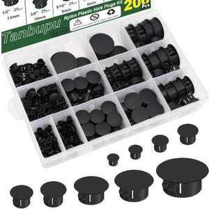 200Pcs 9 Sizes Nylon Plastic Hole Plugs 1/5" 1/4" 5/16" 3/8" 1/2" 5/8" 3/4" 7/8" 1"Round Hole, Flush Type Panel Knockout Locking Plugs,Screw Covers for Furniture Cabinet Insert End Caps (Black)