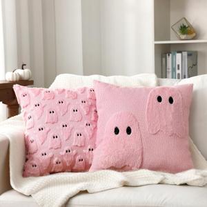 2 Pcs Pink Ghost Halloween Throw Pillows Cover 18 x 18 Cute Ghost Throw Pillowcase Embroidery Plush Furry Spooky Decorative Cushion Cover Pastel Pink Halloween Decoration for Home Sofa Bedroom