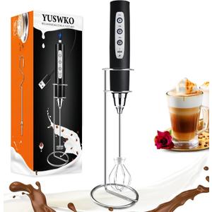 YUSWKO Black Handheld Milk Frother Wand with Stand for Coffee, Rechargeable Electric Whisk with 3 Heads 3 Speeds Drink Mixer Coffee Frother For Latte, Cappuccino, Hot Chocolate, Egg YUSWKO Black Handheld Milk Frother Wand with Stand for Coffee, Rechargeable Electric Whisk with 3 Heads 3 Speeds Drink Mixer Coffee Frother For Latte, Cappuccino, Hot Chocolate, Egg
