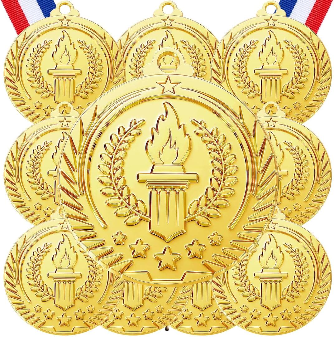 Misdary 12 Pack Medals with Neck Ribbons Team Participation Trophies for Kids Sports Awards Party Favors for Sports Competitions Celebration Gift (Gold)