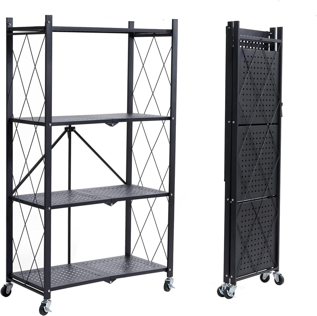 BRIAN & DANY 4-Shelf Foldable Storage Shelves with Wheels, Folding Metal Rack Shelving Unit, Heavy Duty No Assembly Organizer Shelf for Garage, Kitchen, Basement, Pantry, Black