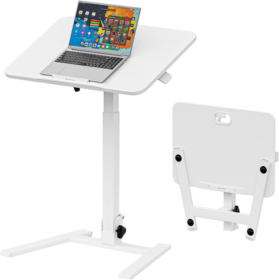 25 Inch Mobile Foldable Standing Desk, 180 Tiltable Portable Rolling Laptop Table, Height Adjustable Sit-Stand Desk with Wheels, No Assembly Computer Workstation for Home Office, White