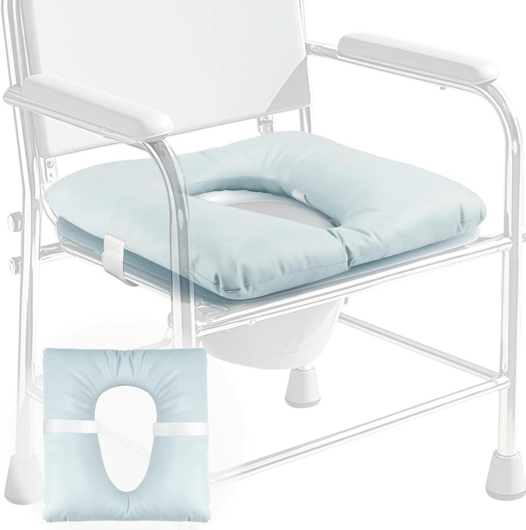 Bedside Commode Cushion, Seniors Portable Seat Cushion for Toilet/Shower/Bedside, Universal Fit Commode Padded Seat for Elderly, Seats Pad Cover Toilet Seats 17x17 with Fixing Straps (Blue)
