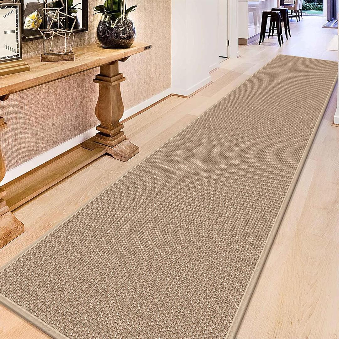 12ft Natural Jute Hallway Runner Rug Non Slip Washable, Rubber Backed Long Khaki Indoor Entryway Runner, Absorbent Kitchen Carpet Sink Rug (2'4" x 12' (Rectangular))