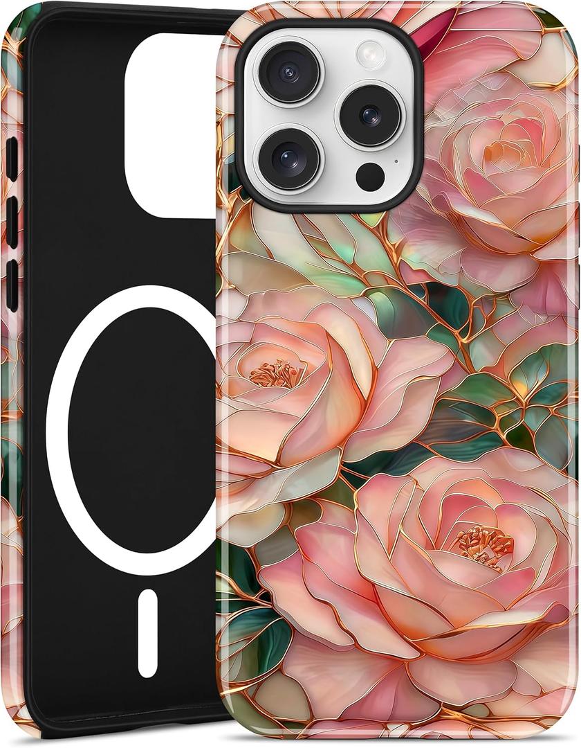Jusy Compatible with MagSafe Pink Flower Case for iPhone 7/8/SE, Aesthetic Stained Glass Floral Magnetic Phone Case, Soft TPU and Hard PC Protective Cover for Women Girls (Shiny) - Pink Flower