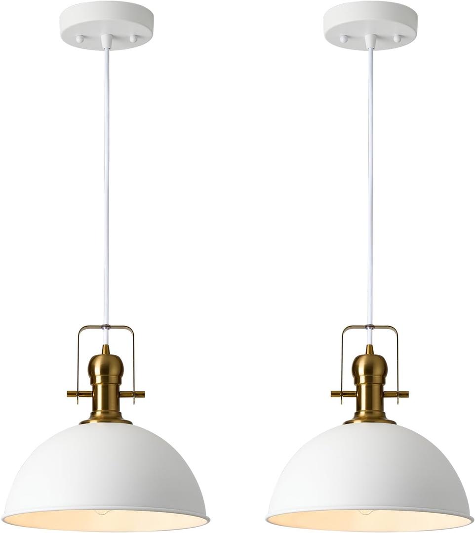 12 Inch Sandy White Farmhouse Pendant Lights for Kitchen Island Industrial Adjustable Height Vintage Dome Hanging Light Fixtures for Barn,Dining Room 2 Packs