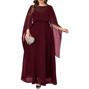 Plus Size Elegant Chiffon Dress Formal Long Cape Sleeve A Line Maxi Evening Gown Wedding Guest Cocktail Dresses (Red, XXXL)