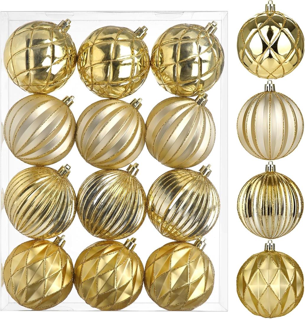Christmas Ball Ornaments 3.14" Gold Christmas Ornaments Big Shatterproof Xmas Tree Ornaments Hanging Balls Bulb Ornament for Wedding Holiday Halloween New Year Party Indoor Outdoor Decorations 12Pcs