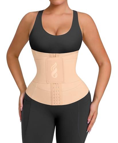 FeelinGirl Waist Trainer for Women Trimmer Belt Waist Cincher Tummy Wrap Plus Size Body Shaper (One Size, Beige)