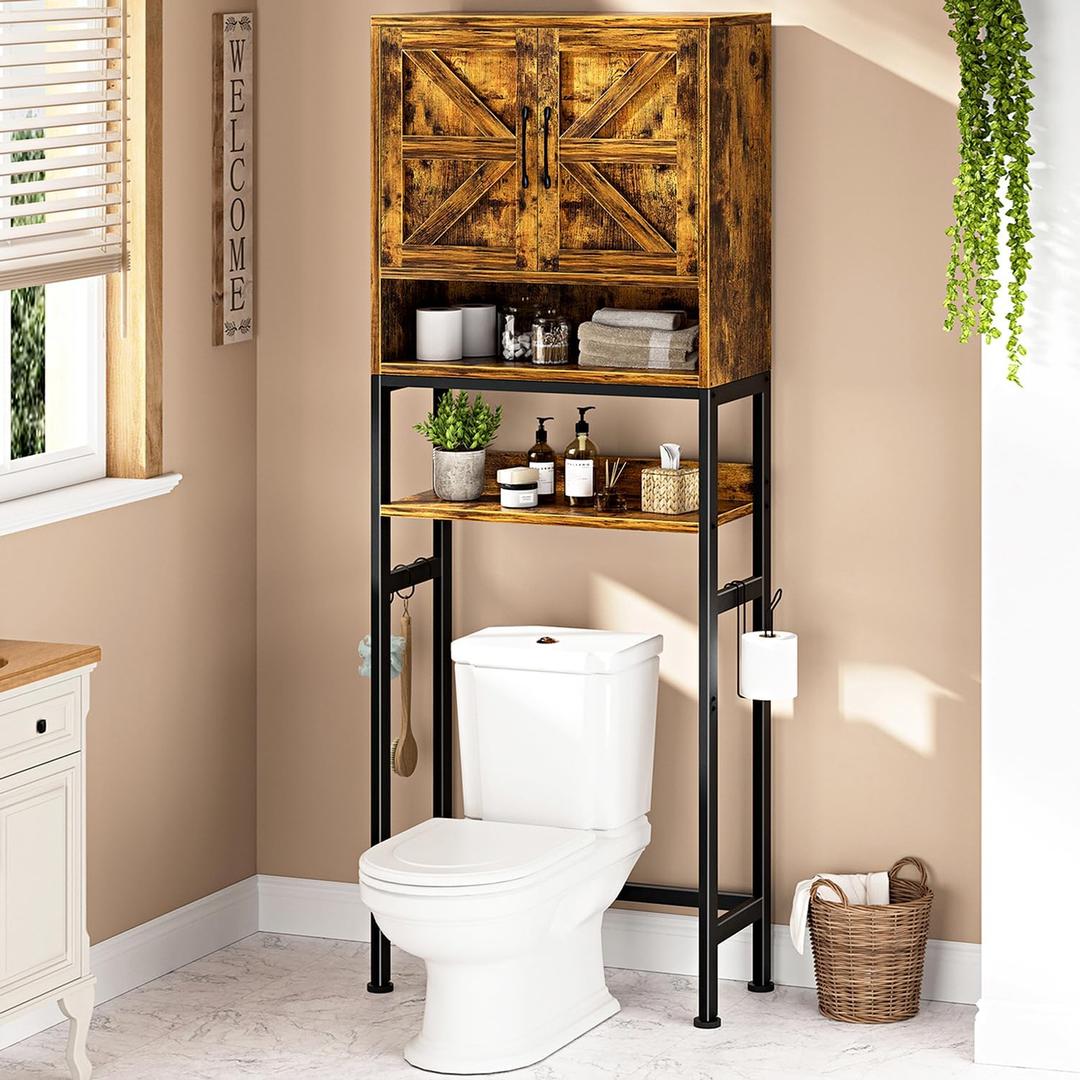 Over The Toilet Storage Cabinet - Farmhouse Bathroom Shelves with Doors Freestanding Organizer Narrow Floor Stand Shelf Above Toilet 71" Tall, Rustic Brown