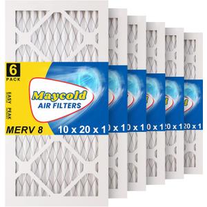 Maycold MERV 8 10x20x1 Furnace Air Filters (6-Pack), Pleated HVAC AC Filters – Actual Size 9.70” x 19.70” x 0.75”, For Residential or Office Use, Individually Wrapped in Plastic