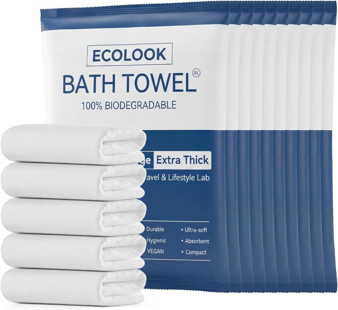 ecolook Disposable Bath Towels for Travel, 6-Pack Extra Large 31"x63", 100GSM Plant Fiber, Dual Texture Soft & Quick-Drying Disposable Towels for Hotel Camping Beach Swimming Gym Sauna Spa