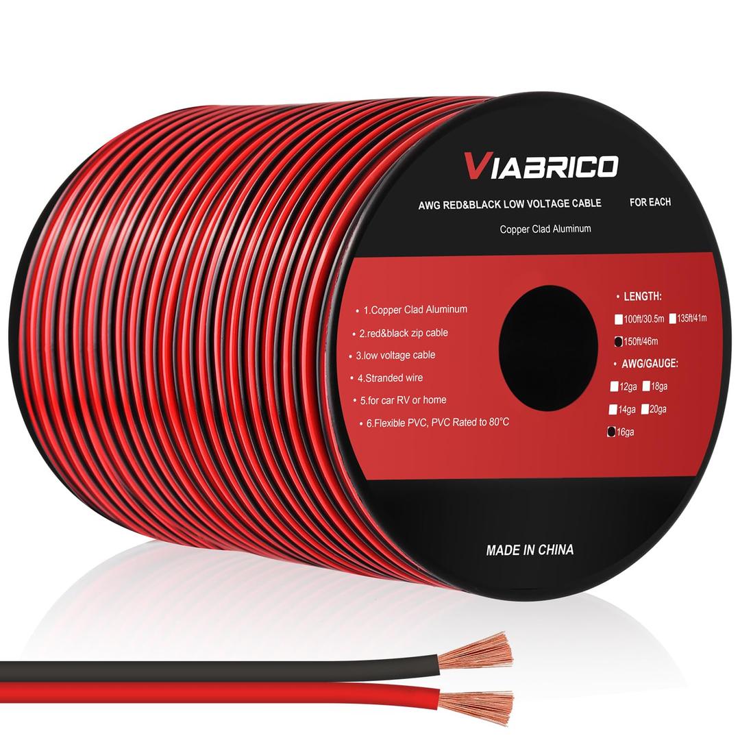 VIABRICO 16Gauge 150FT Electrical Wire Cable 2 Conductors Red Black Cable Hookup LED Lighting Strips Flexible Wire Extension Cord 16AWG Copper Clad Aluminum Copper Wire 12V/24V DC