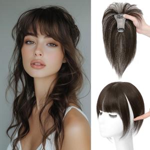 Hair Toppers for Women with Bangs 100% Human Hair 3603D Cover Fake Bangs Hair Topper with Thinning Newly Upgraded Realistic Scalp with Hairpieces for Daily Wear(Dark Brown) (Bangs-9 Inch)