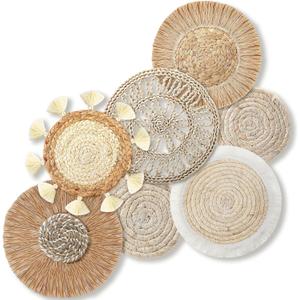 7 Pcs Boho Wall Basket Decor Hanging Handcrafted Seagrass Woven Round Bohemian Basket Wall Decoration Art for Farmhouse Home Room Rustic Decorations Table, Multi Sizes(Vintage)