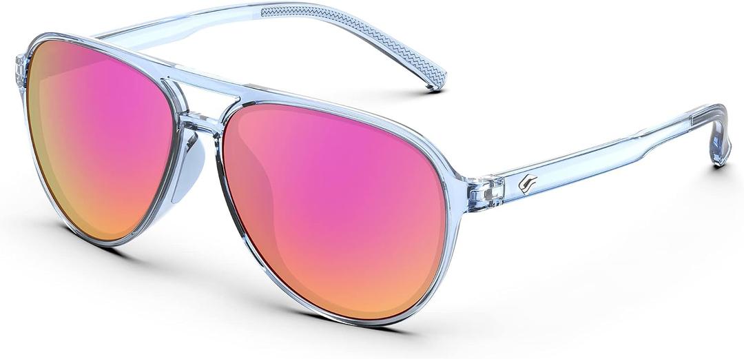 TOREGE Aviator Sunglasses Polarized Sunglasses for Men Women, Lightweight Sports Sun Glasses UV Protection For Fishing Boating Beach Golf Driving TR75(Crystal Blue Grey&Blue Grey&Pink Lens C15)