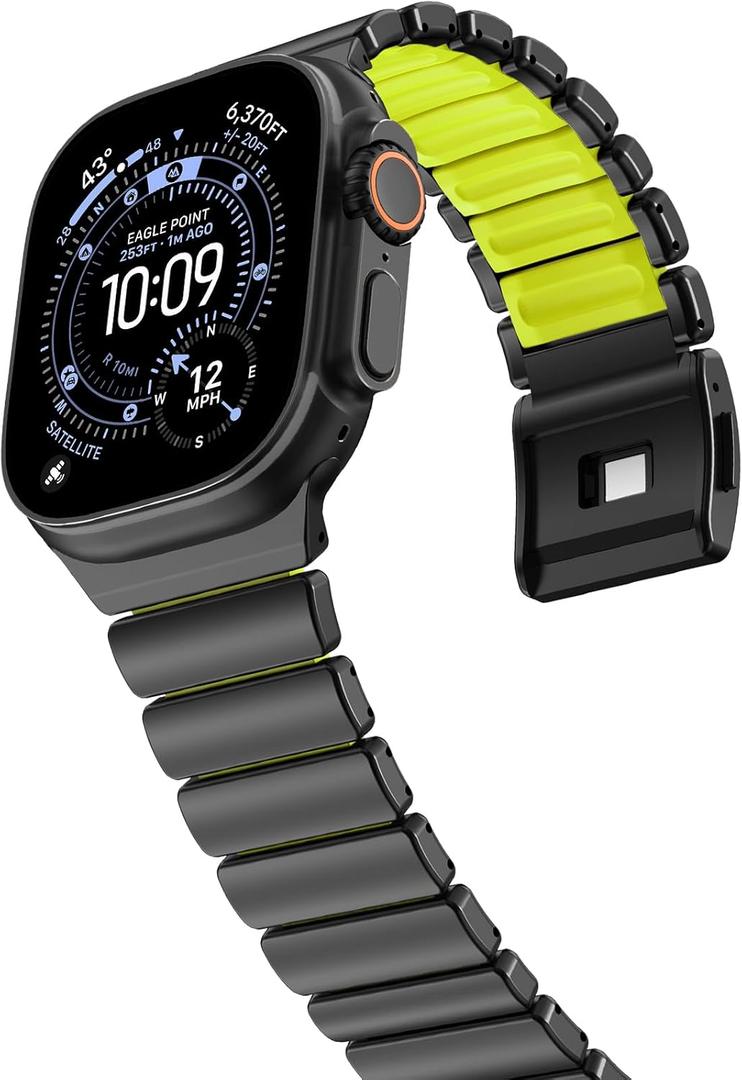NewWays Stainless Steel & Silicone Hybrid Band for Apple Watch Ultra 3 2 1 (49mm) & Series 11 10 9 8 7 6 5 4 SE 46mm 45mm 44mm Link Bracelet Magnetic Clasp Sport Metal Strap for Men