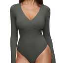REORIA Women's Long Sleeve Cross Wrap Ruched Bodysuit Sexy Deep V Neck Slim Fit Body Suit Concert Tops Thyme Small