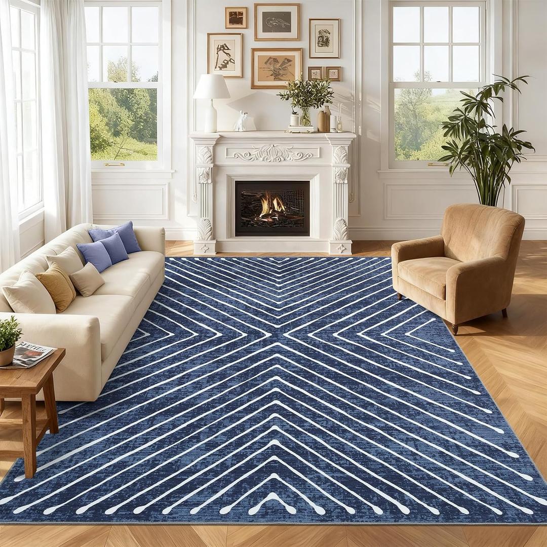 ROYHOME Area Rug 9x12 Living Room Rug Non Slip Modern Bedroom Stain Resistant Dining Room Throw Rug Geometric Area Rug Low Pile Untra Soft Contemporary Accent Carpet for Home Office, Navy