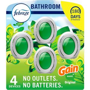 Febreze Bathroom Air Freshener, Odor-Fighting, Plug In Alternative, Air Fresheners for Home and Bathroom and Kitchen, Closet Air Fresheners, Pet & Litter Box Odor Fighter, Gain Original Scent, 4 Count