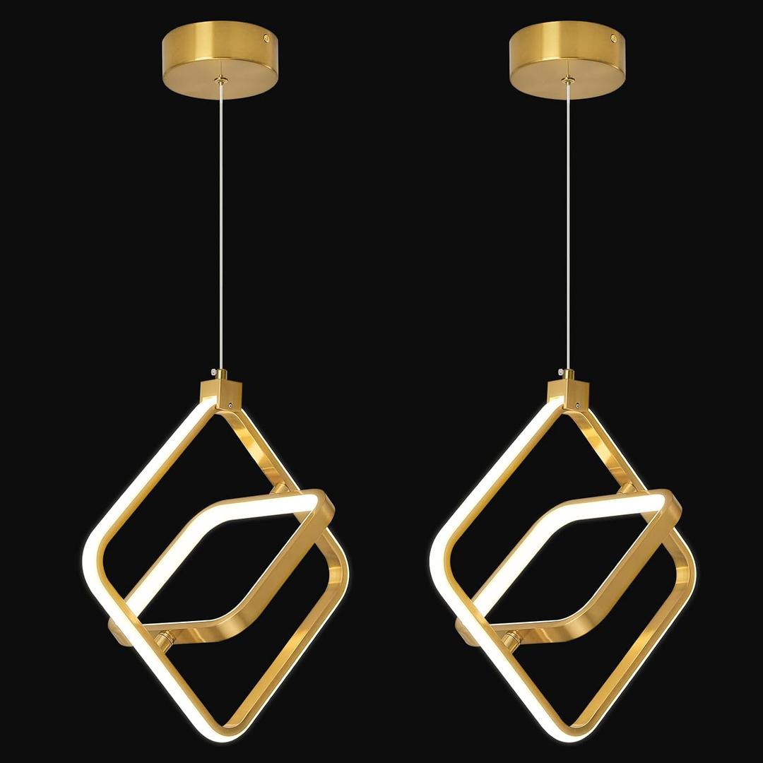 Modern LED Chandelier Gold Rectangular Pendant Light Fixtures 4000K 20W Dimmable Height Adjustable Pendant Lighting for Dining Room Kitchen Island Bedroom Living Room Foyer2-Pack