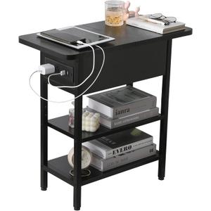 Modern End Table with Charging Station, Narrow Side Table with USB Ports & Outlets, Flip-Top Nightstand with Storage Shelf, Small Bedside Table for Living Room, Bedroom, Small Space, Black (T60-30br)