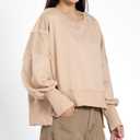 Womens Crewneck Sweatshirts Cropped Long Sleeve Tops Oversize Loose Fit Tee Side Slit Pullover Tshirt (Beige, XL)