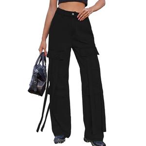 xxxiticat Women's Cargo Jean Pants Casual High Waist Long Ribbon Multi Pockets Wide Leg Baggy Denim Trousers with Pockets XS