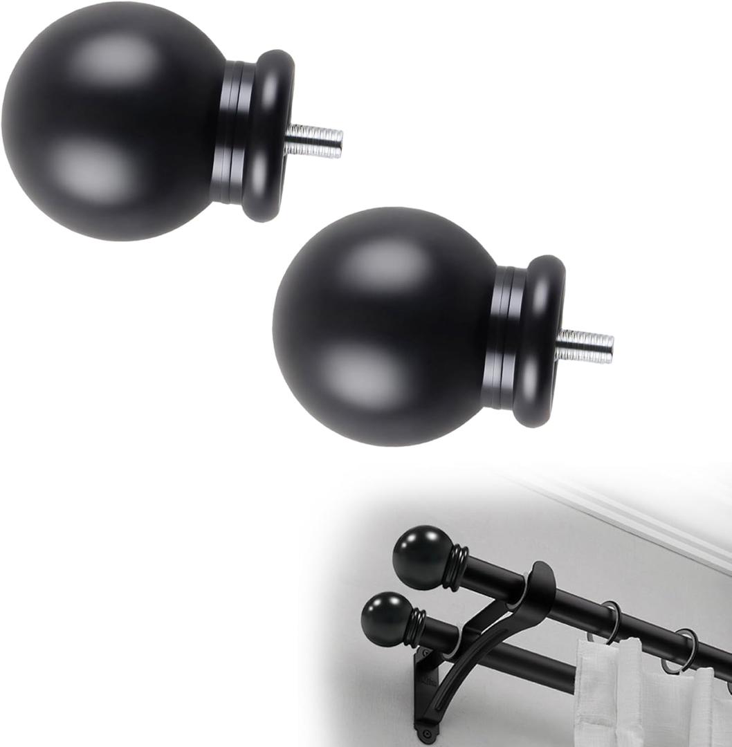 Modern Set of 2 Round Curtain Rod Finials, 35mm/1.4in Ball End Caps for 5/8 Inch Drapery Rods, Black Plastic Finials with M5 Screws, Fits Bedroom/Living Room Curtain Rods, Home Decor Upgrade