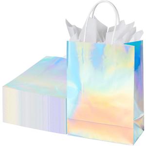 Ronvir 30 Pcs Medium Iridescent Glossy Gift Bags with Handles Bulk,8x4x10 inch Non Woven Holographic Reusable Party Favor Bags for Birthday, Christmas, Goodie,Wedding, Holiday,Employee Appreciation