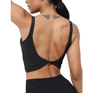 LUYAA Womens Workout Sports Bras Backless Padded Yoga Tank Tops Crop Twist Low Back Cami Bra for Gym (Large, Black)