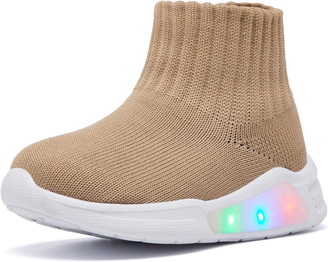 MORENDL Toddler Light Up Walking Shoes Baby Non-Slip Sock Shoes Toddler Slip On Sneakers Boys & Girls (9-12 Months Infant, Brown)
