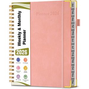 4 x 2026 Planner, Hardcover Leather Weekly and Monthly Planner, January 2026 - December 2026, Spiral Yearly Agenda Organizer Book 2026 with Tabs, Daily Calendar Planners for School Work Home, A4 (8.5" x 11"), Pink