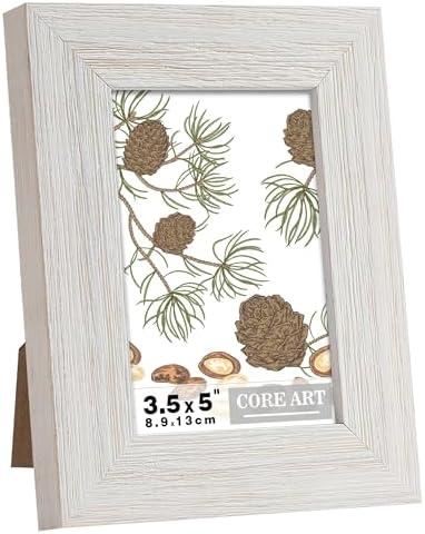CORE ART 3.5x5 Picture Frame, Handmade Wood Rustic White Photo Frame, High Definition Semi-tempered Glass Wall or Tabletop Display