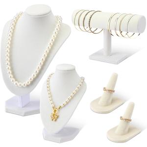 Wenqik 5 Pcs Velvet Jewelry Display Set Necklace Bust Holder T Bar Bracelet Holder Ring Display Stand Jewelry Organizer for Vendors Selling Trade Show Retail Home Decor(Beige)