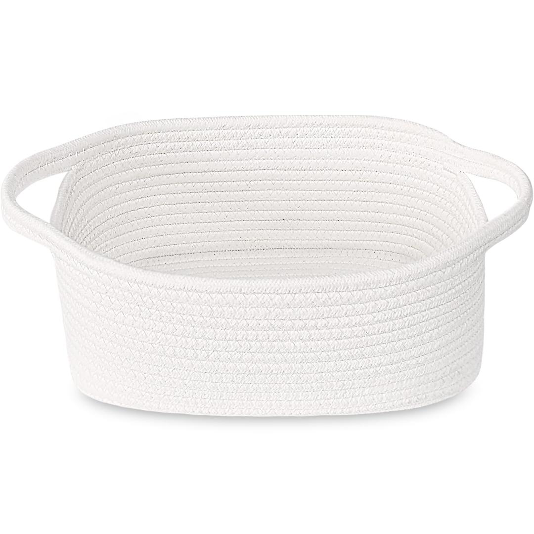 ABenkle Small White Basket, Soft Woven Storage Bins Baskets for Cat Dog Toys Organizer, Decorative Shelves Closet Organizing Basket Chest Box, Empty Gift Baskets