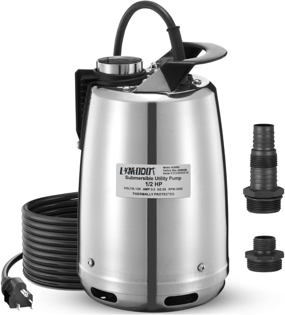 1/2 HP Stainless Steel Submersible Water Pump, Portable Utility Pump, Submersible Sump Pump, 25ft Long Power Cord, Ideal for Swimming Pools, Garden, Basements, and Ponds