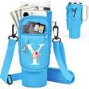 Initial Water Bottle Holder with Strap for Stanley Cup Accessories 40 oz Tumbler/Simple Modern Tumbler Bag, Water Bottle Carrier Bag with Strap for Men Women Gift Hiking, Travel, Camping, Walking Gym (Blue)