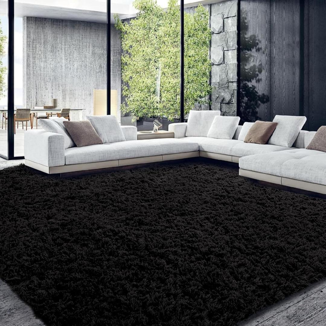 HOMBYS Shaggy Area Rug 12x15 Feet, Ultra Fuzzy Large Plush Faux Fur Carpet for Living Room Bedroom, Non-Skid Fuzzy Rug for Kids Playroom Home Decor (Black)