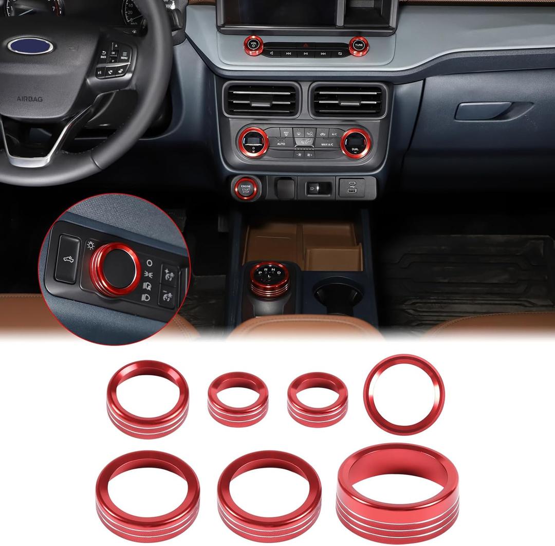 Aunginsy Center Control Knob Trim Cover Compatible with Ford Maverick 2022-2024 Air Conditioner Climate Gear Shift 4WD Engin Start Stop Headlight Volume Radio Control Switch Button Knob Ring Cover (Red(7Pcs))