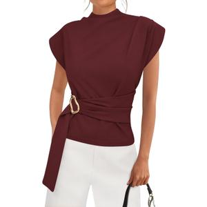 PRETTYGARDEN Women Blouses Spring Dressy Cap Sleeve Mock Neck Work Shirts Buckle Tunic Summer Business Casual Tops 2026 (L)