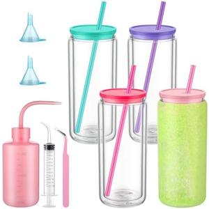9 Pcs Christmas Snow Globe Tumbler Supplies Including 16 oz Snowglobe Cups with Lids and Straws Squeeze Bottle Bent Spout Syringe Tweezer Funnels for Glitter Snow Globe DIY Craft Gift(Colorful Cap)