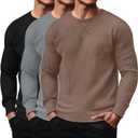 3 Pack Men's Waffle Long Sleeve Shirts, Crew Neck Thermal Textured Underwear Tops Lightweight Pullover Sweaters (Large, Black, Gray, Coffee)