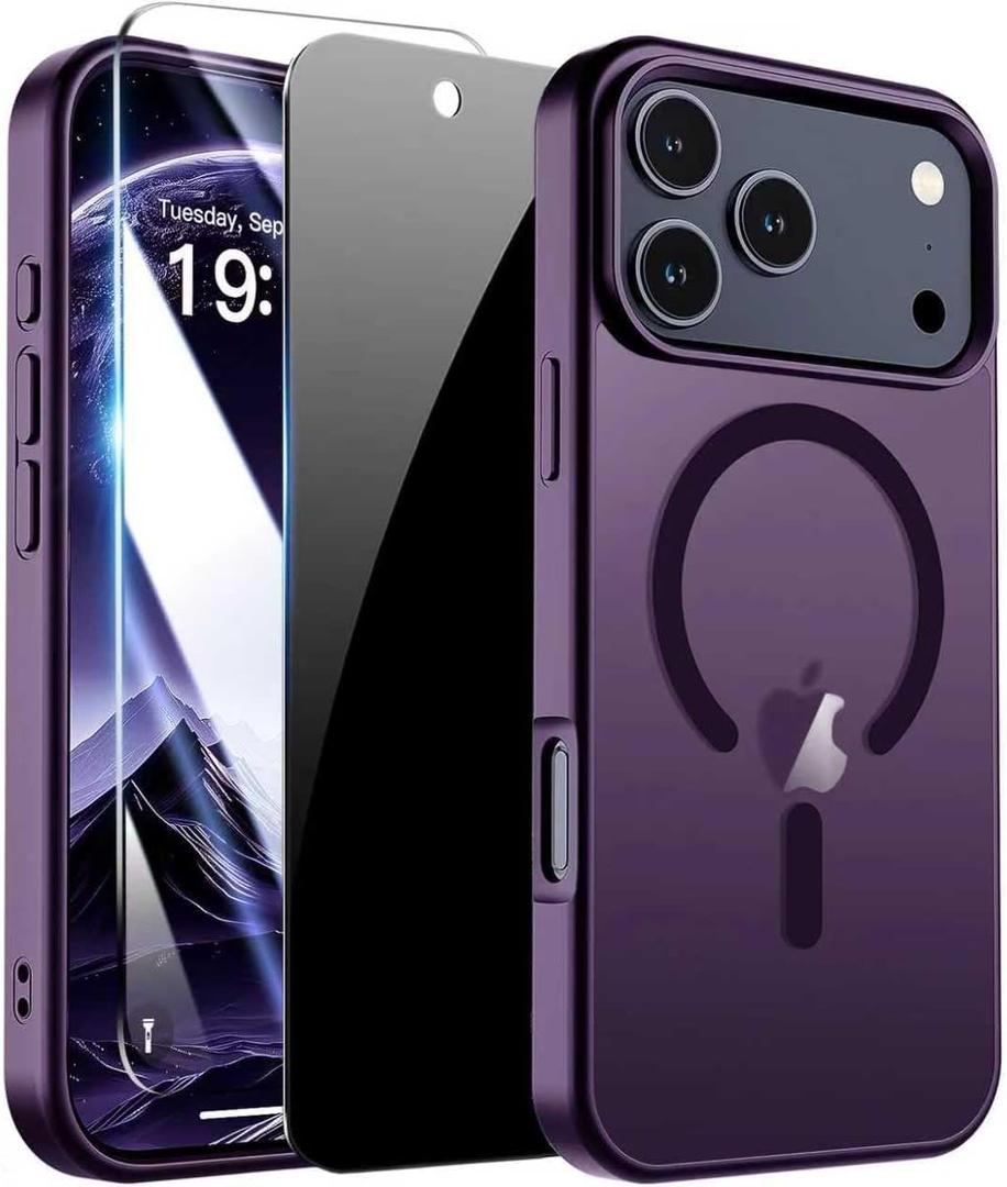 For IPhone 17 Pro Case with 2X Screen Protector,Compatible with MagSafe,Translucent Matte Military Grade Shockproof Slim Magnetic Protection Phone Case for iPhone 17Pro-Purple