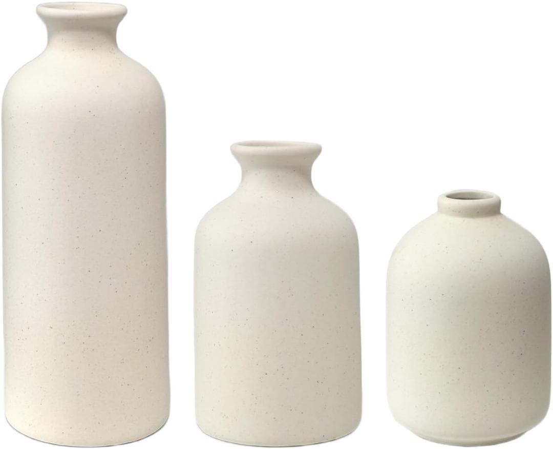 Small Ceramic Vase Set of 3, Boho Home Decor Vases for Dried Flowers,Farmhouse,Shelf,Bathroom,Centerpiece for Entryway Table Decoration Gifts (Beige)