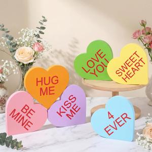 6 Pieces Valentines Day Wooden Signs Colorful Heart Shaped Wood Tabletop Decor Valentine Tiered Tray Decor Love You Be Mine Kiss Me Table Centerpieces for Valentine (Cute Style,4.7 x 4.7 x 0.5 In)